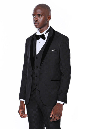 Black Slim Fit Plaid Shawl Lapel 3-Piece Tuxedo – Wessi