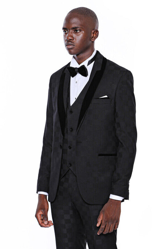 Black Slim Fit Plaid Shawl Lapel 3-Piece Tuxedo – Wessi