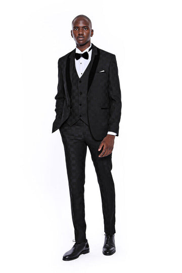 Black Slim Fit Plaid Shawl Lapel 3-Piece Tuxedo – Wessi