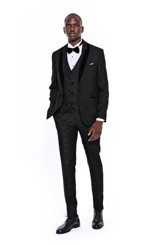 Black Slim Fit Plaid Shawl Lapel 3-Piece Tuxedo – Wessi