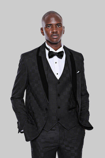 Black Slim Fit Plaid Shawl Lapel 3-Piece Tuxedo – Wessi