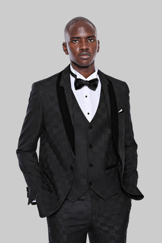 Black Slim Fit Plaid Shawl Lapel 3-Piece Tuxedo – Wessi