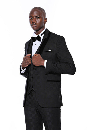 Black Slim Fit Plaid Shawl Lapel 3-Piece Tuxedo – Wessi