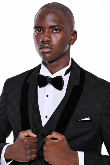 Black Slim Fit Plaid Shawl Lapel 3-Piece Tuxedo – Wessi