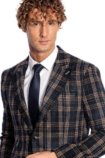 Men’s Midnight Navy & Russet Brown Plaid Slim Fit Notch Lapel Blazer