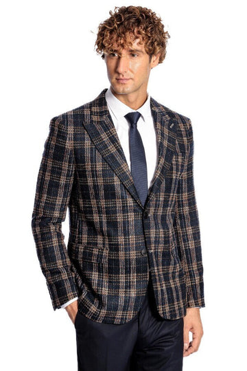Men’s Midnight Navy & Russet Brown Plaid Slim Fit Notch Lapel Blazer
