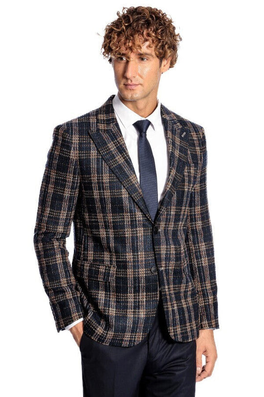 Men’s Midnight Navy & Russet Brown Plaid Slim Fit Notch Lapel Blazer