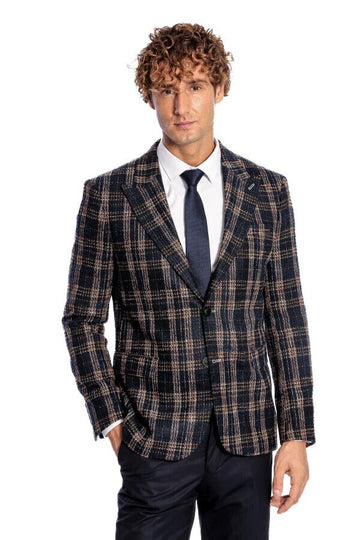 Men’s Midnight Navy & Russet Brown Plaid Slim Fit Notch Lapel Blazer