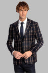 Men’s Midnight Navy & Russet Brown Plaid Slim Fit Notch Lapel Blazer