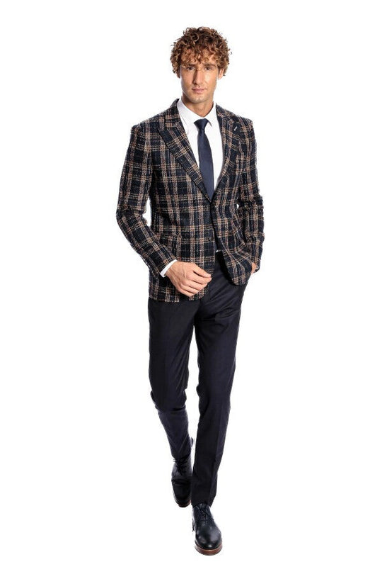 Men’s Midnight Navy & Russet Brown Plaid Slim Fit Notch Lapel Blazer