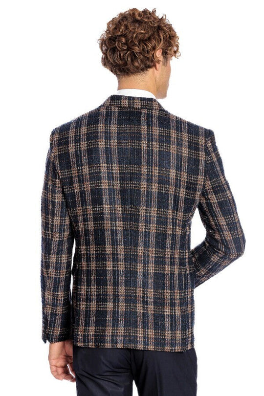 Men’s Midnight Navy & Russet Brown Plaid Slim Fit Notch Lapel Blazer