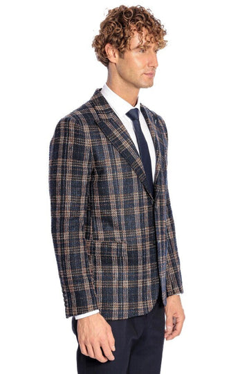 Men’s Midnight Navy & Russet Brown Plaid Slim Fit Notch Lapel Blazer