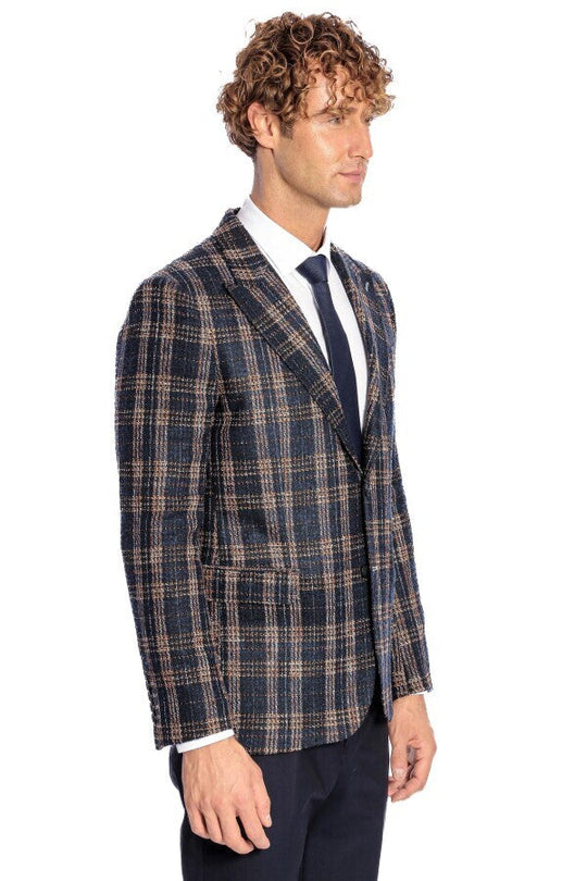 Men’s Midnight Navy & Russet Brown Plaid Slim Fit Notch Lapel Blazer