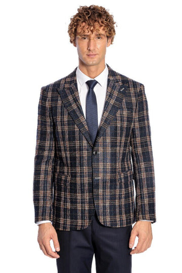 Men’s Midnight Navy & Russet Brown Plaid Slim Fit Notch Lapel Blazer