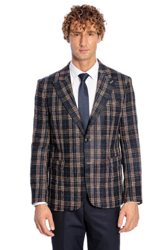 Men’s Midnight Navy & Russet Brown Plaid Slim Fit Notch Lapel Blazer