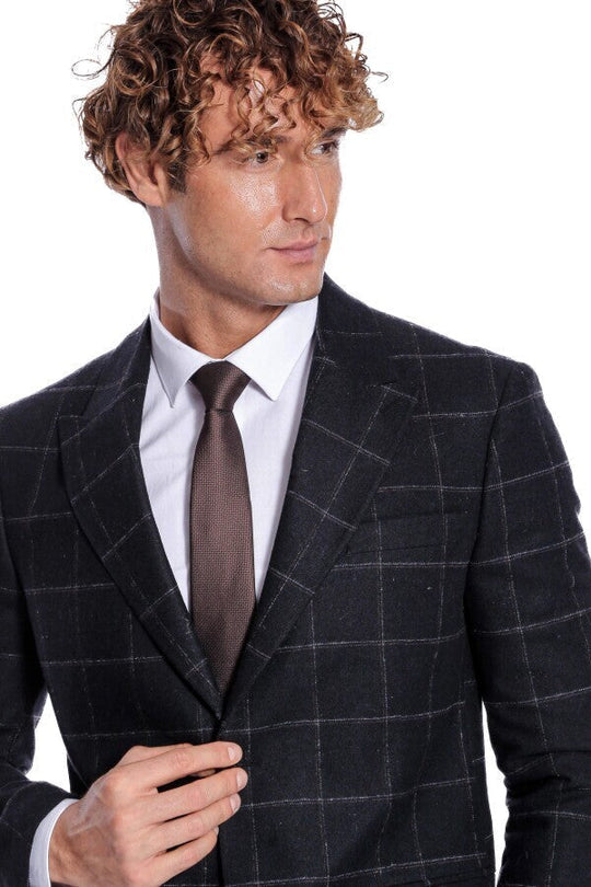 Men’s Black Windowpane Plaid Wool Blend Slim Fit Notch Lapel Blazer