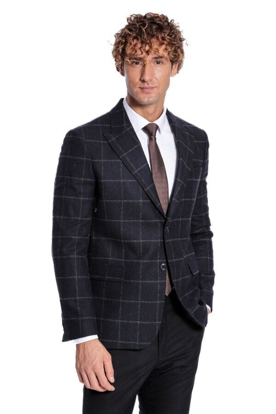 Men’s Black Windowpane Plaid Wool Blend Slim Fit Notch Lapel Blazer