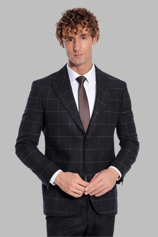Men’s Black Windowpane Plaid Wool Blend Slim Fit Notch Lapel Blazer