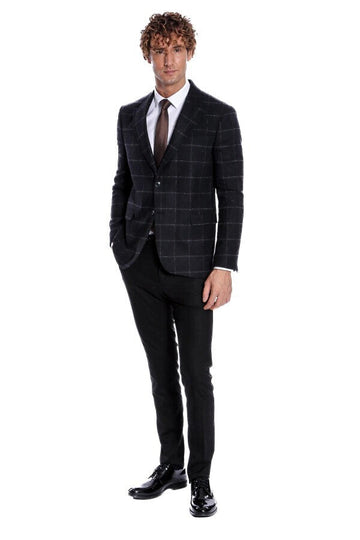Men’s Black Windowpane Plaid Wool Blend Slim Fit Notch Lapel Blazer