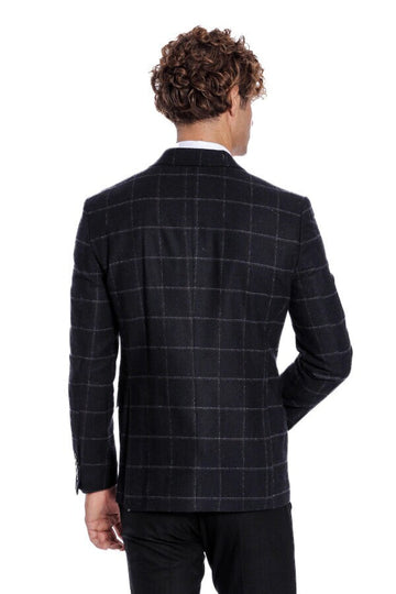 Men’s Black Windowpane Plaid Wool Blend Slim Fit Notch Lapel Blazer