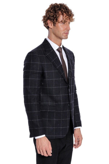 Men’s Black Windowpane Plaid Wool Blend Slim Fit Notch Lapel Blazer