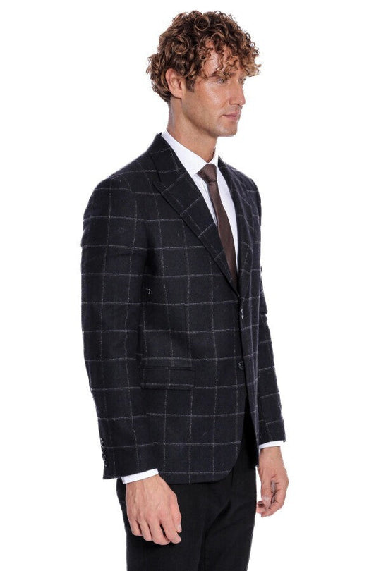 Men’s Black Windowpane Plaid Wool Blend Slim Fit Notch Lapel Blazer