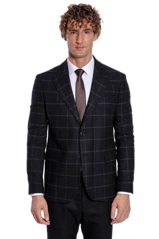 Men’s Black Windowpane Plaid Wool Blend Slim Fit Notch Lapel Blazer