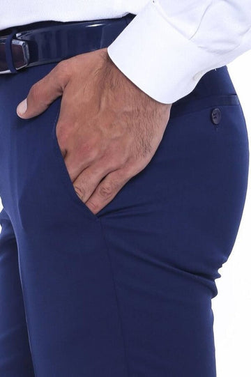 Dark Blue Slim Fit Plain Dress Trousers – Wessi