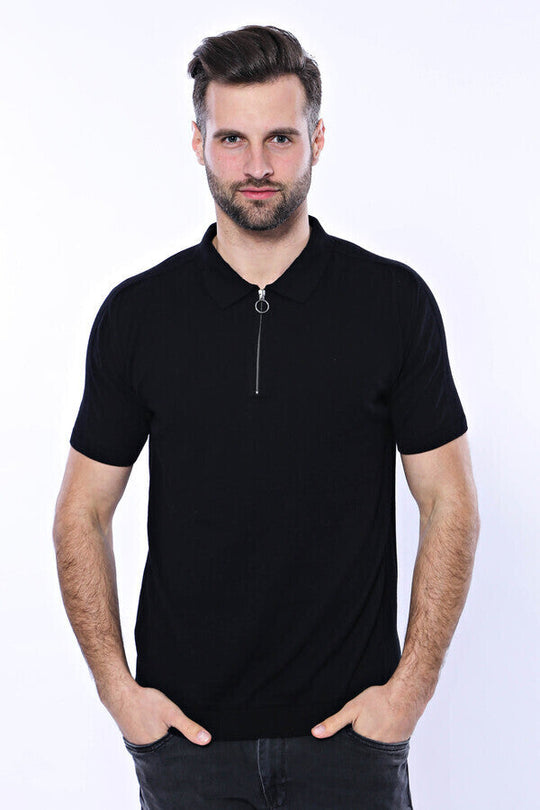 Polo Neck Plain Black Knitted T-Shirt | Wessi