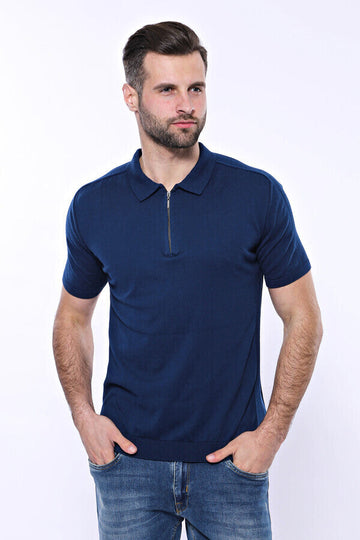 Polo Neck Plain Parliament Blue Knitted T-Shirt | Wessi