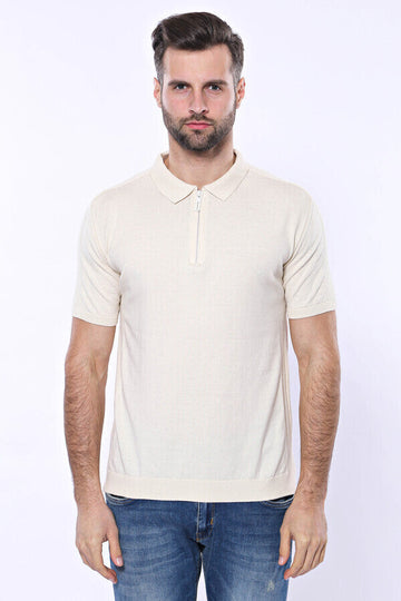 Polo Neck Plain Cream Knitted T-Shirt | Wessi
