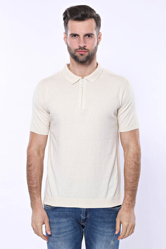Polo Neck Plain Cream Knitted T-Shirt | Wessi