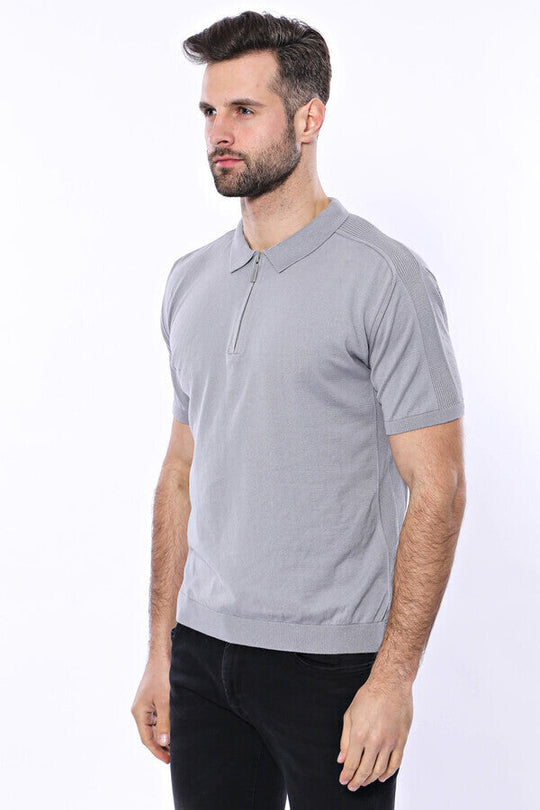 Slim Fit Grey Plain Knitted Polo Zip-Neck T-Shirt — Wessi