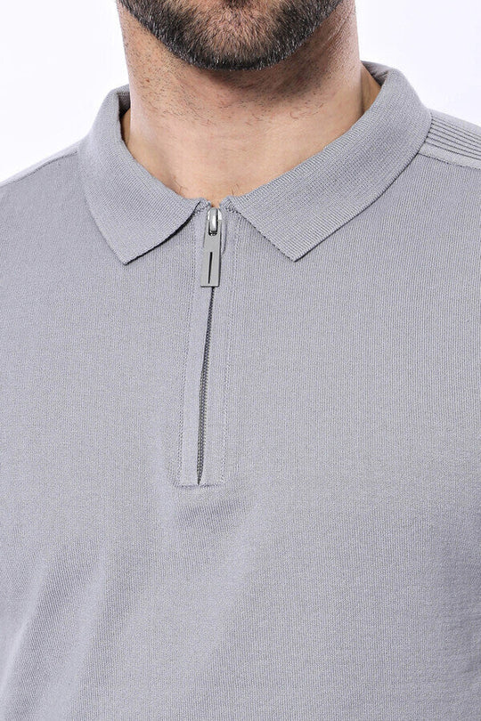 Slim Fit Grey Plain Knitted Polo Zip-Neck T-Shirt — Wessi