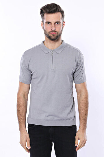 Slim Fit Grey Plain Knitted Polo Zip-Neck T-Shirt — Wessi