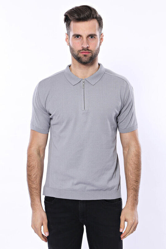 Slim Fit Grey Plain Knitted Polo Zip-Neck T-Shirt — Wessi