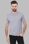 Slim Fit Grey Plain Knitted Polo Zip-Neck T-Shirt — Wessi