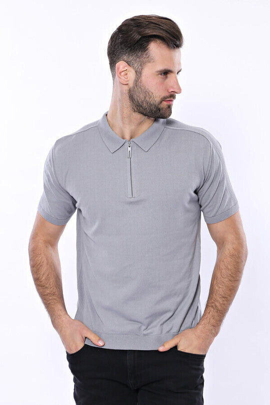 Slim Fit Grey Plain Knitted Polo Zip-Neck T-Shirt — Wessi