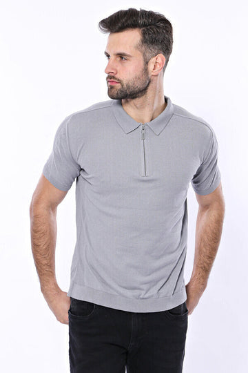 Slim Fit Grey Plain Knitted Polo Zip-Neck T-Shirt — Wessi