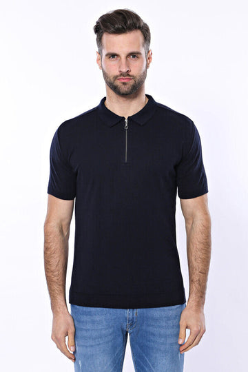 Polo Neck Plain Navy Blue Knitted T-Shirt | Wessi