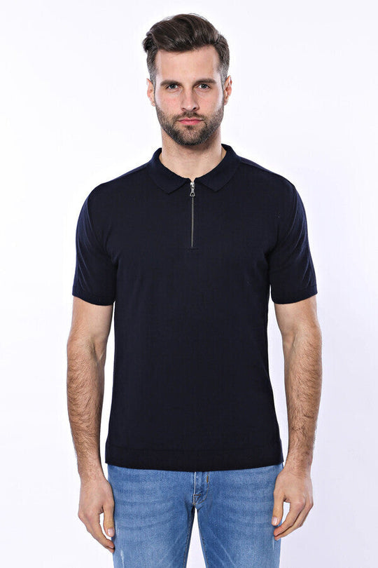Polo Neck Plain Navy Blue Knitted T-Shirt | Wessi