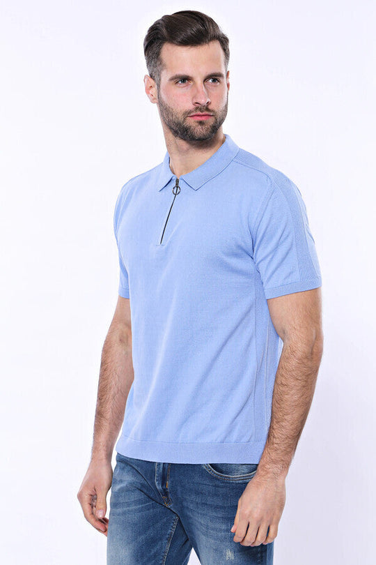 Polo Neck Plain Sky Blue Knitted T-Shirt | Wessi