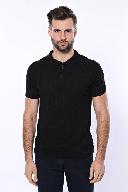 Polo Zippered Patterned Black Knitted T-Shirt | Wessi