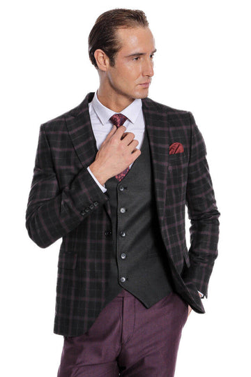 Men's Midnight Plum & Black Check 3-Piece Slim Fit Combination Suit