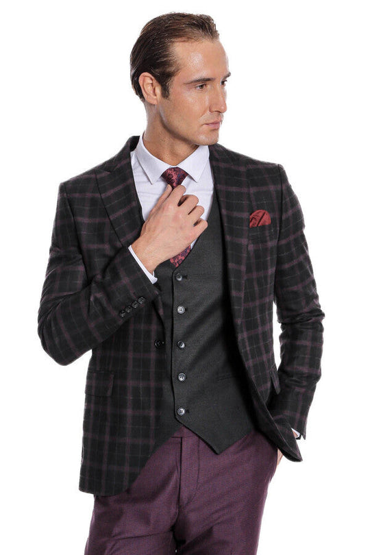 Men's Midnight Plum & Black Check 3-Piece Slim Fit Combination Suit