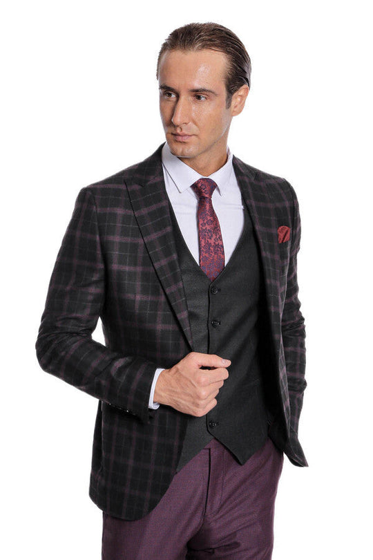 Men's Midnight Plum & Black Check 3-Piece Slim Fit Combination Suit