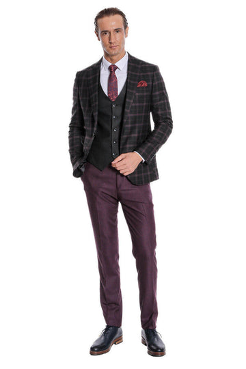 Men's Midnight Plum & Black Check 3-Piece Slim Fit Combination Suit