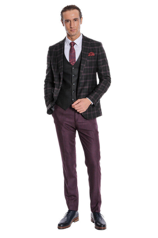 Men's Midnight Plum & Black Check 3-Piece Slim Fit Combination Suit