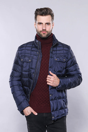 Navy Blue Slim Fit Quilted Winter Coat – Wessi