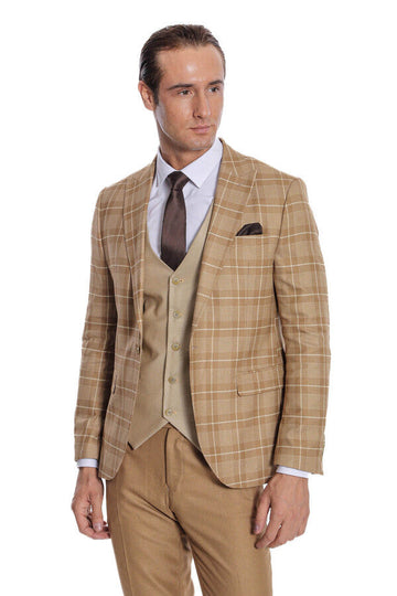 Men's Wheat Beige Windowpane Check 3-Piece Slim Fit Combination Suit